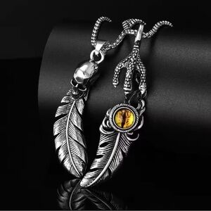 2 Pc Platinum Feathers W/ Skull & Eagle Eye & Talon Punk Bohemian Necklace Set